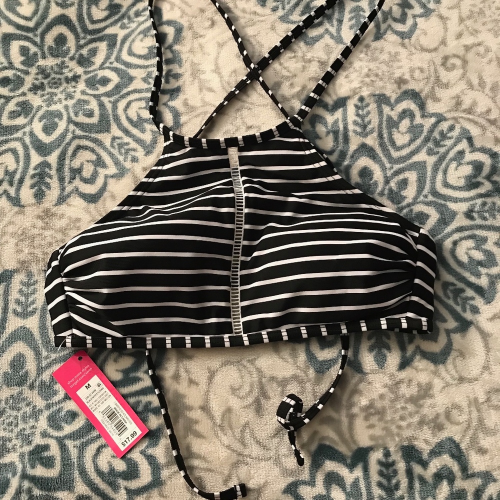 NWT Black & White Striped Bikini Top